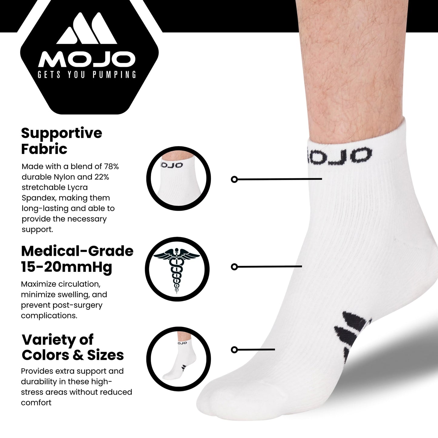 Mojo Compression Socks – Unisex Ankle Length Athletic Compression Socks – 15-20mmHg Medium Support – Black – A1012