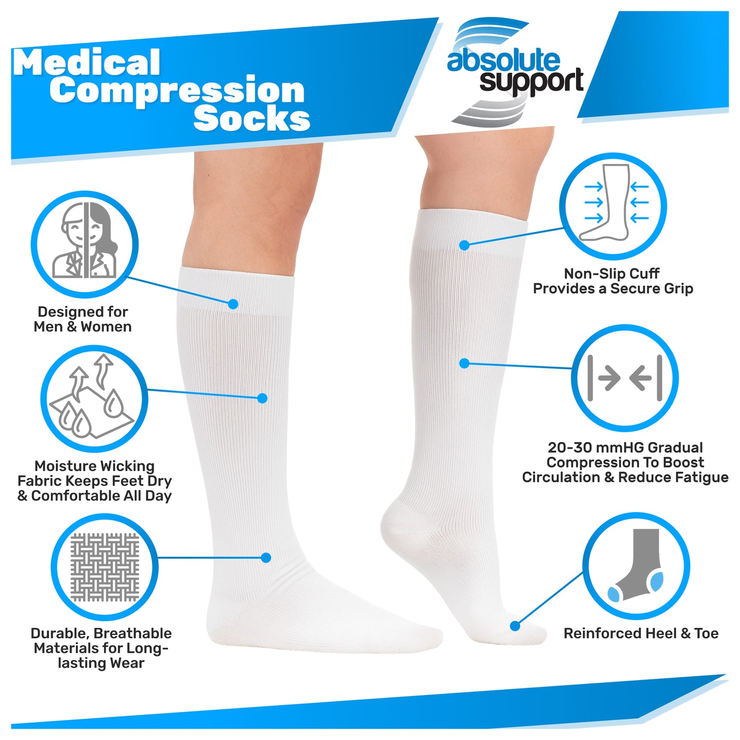 Absolute Support Unisex Cotton 20–30mmHg Graduated Compression Socks, Knee High, 3-Pack – Varicose Veins & Swelling Relief, A105-3