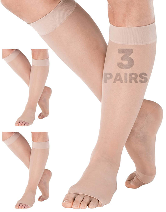 (3 Pairs) Made in USA - Open Toe Sheer Medical Compression Socks for Women 15-20mmHg, A111-3