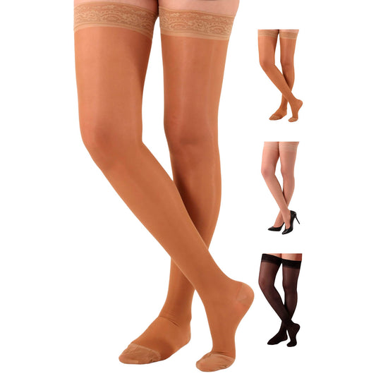 Sheer Lace Thigh High Compression Dress Stockings 20-30mmHg - Firm Support, Closed Toe, Stylish Relief for Swelling, Made in USA, A206