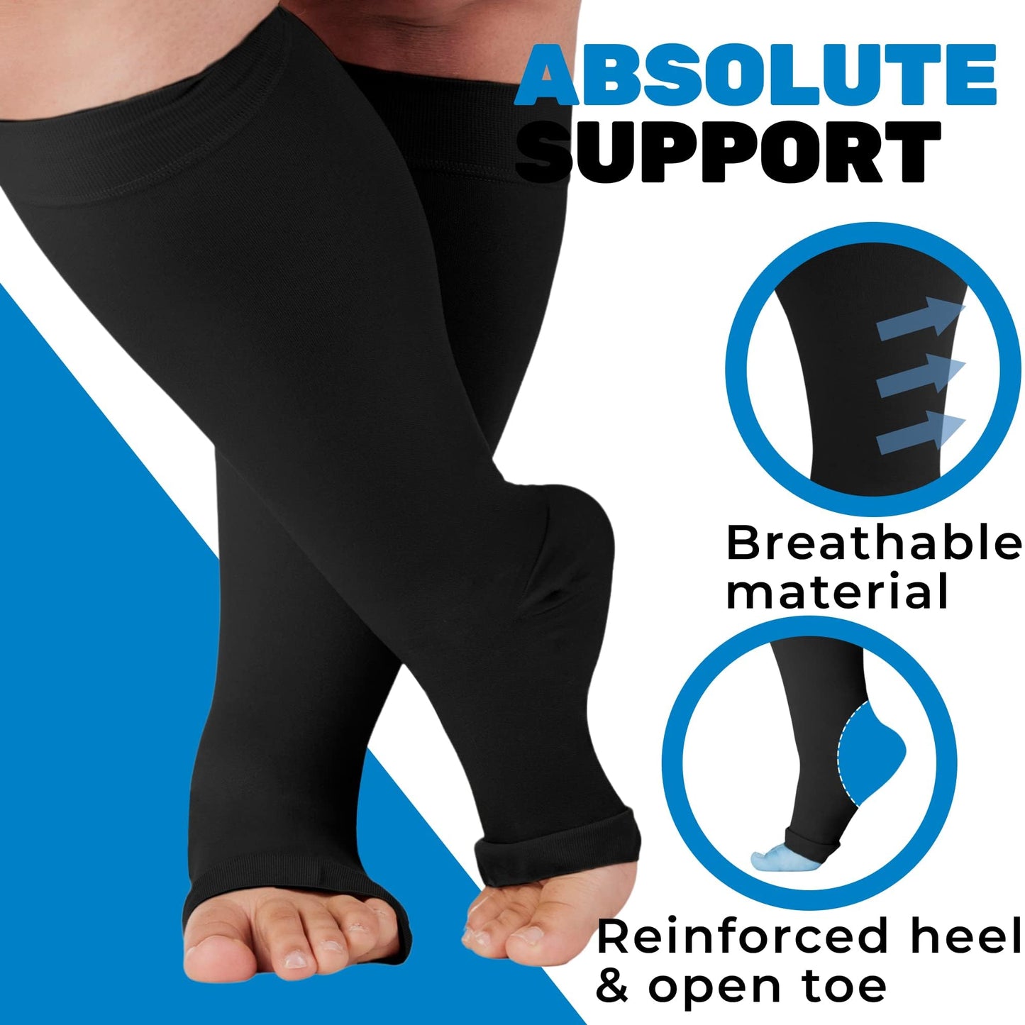 Absolute Support 20–30mmHg Open Toe Graduated Compression Socks, Knee High, 3-Pair – Circulation, Varicose Veins, A511-3