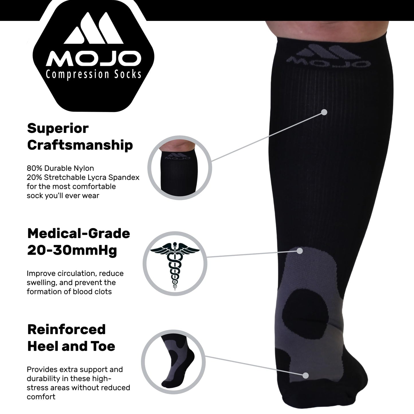 Mojo Compression Socks – Unisex Knee High Medical Compression Socks – 20-30mmHg Firm Support – A601-3