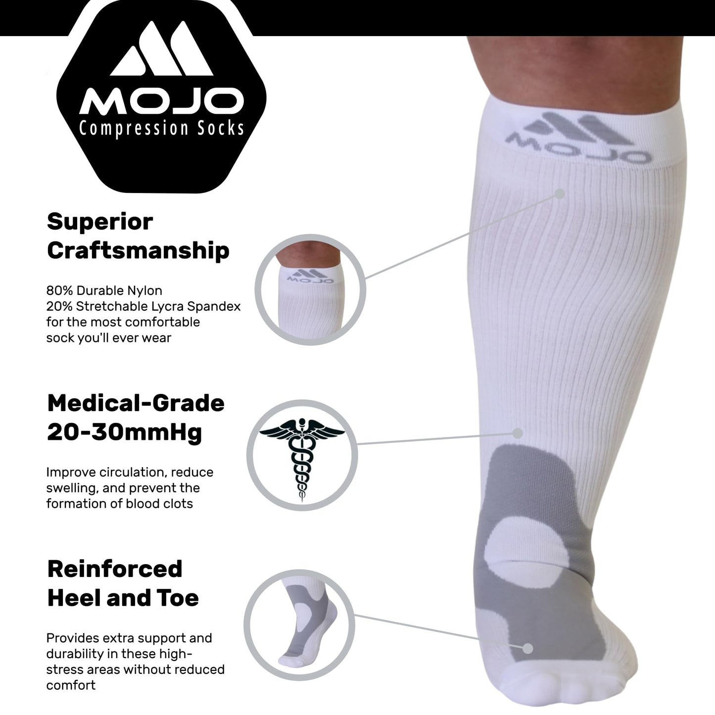 Mojo Compression Socks – Unisex Knee High Medical Compression Socks – 20-30mmHg Firm Support – A601-3