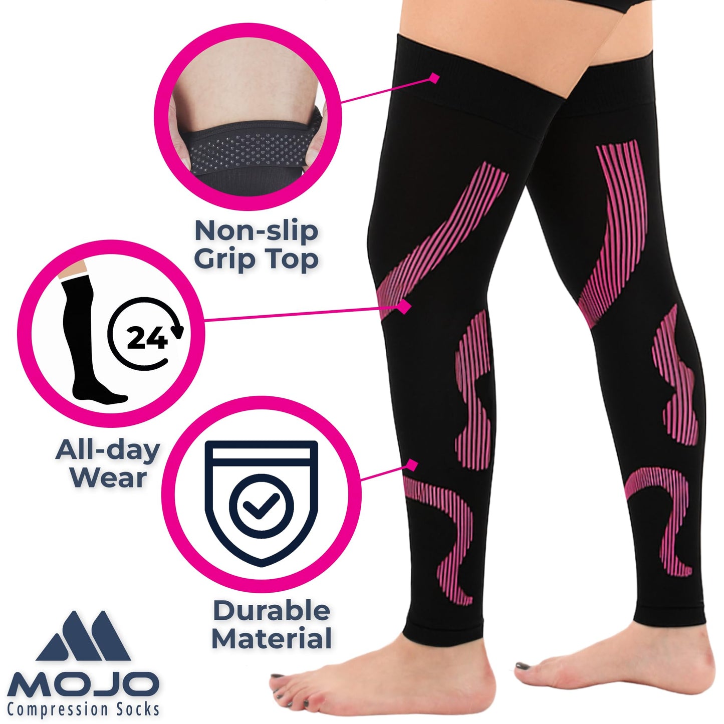 Mojo Compression Socks – Unisex Thigh High Footless Medical Compression Stockings – 20-30mmHg Opaque – A609