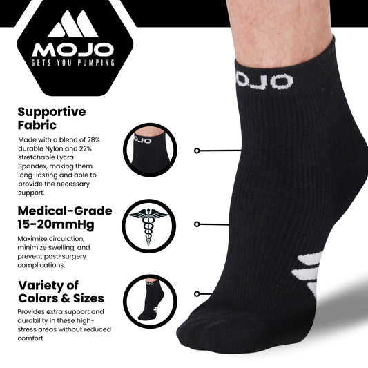 Mojo Compression Socks – Unisex Ankle Length Athletic Compression Socks – 15-20mmHg Medium Support – Black – A1012