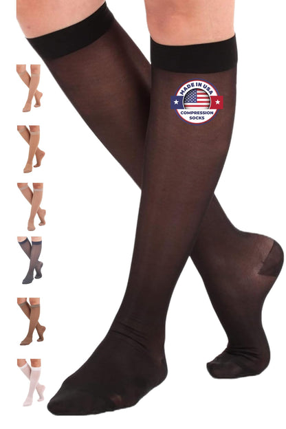 Made in USA - Women's 15-20mmHg Sheer Compression Socks - A101