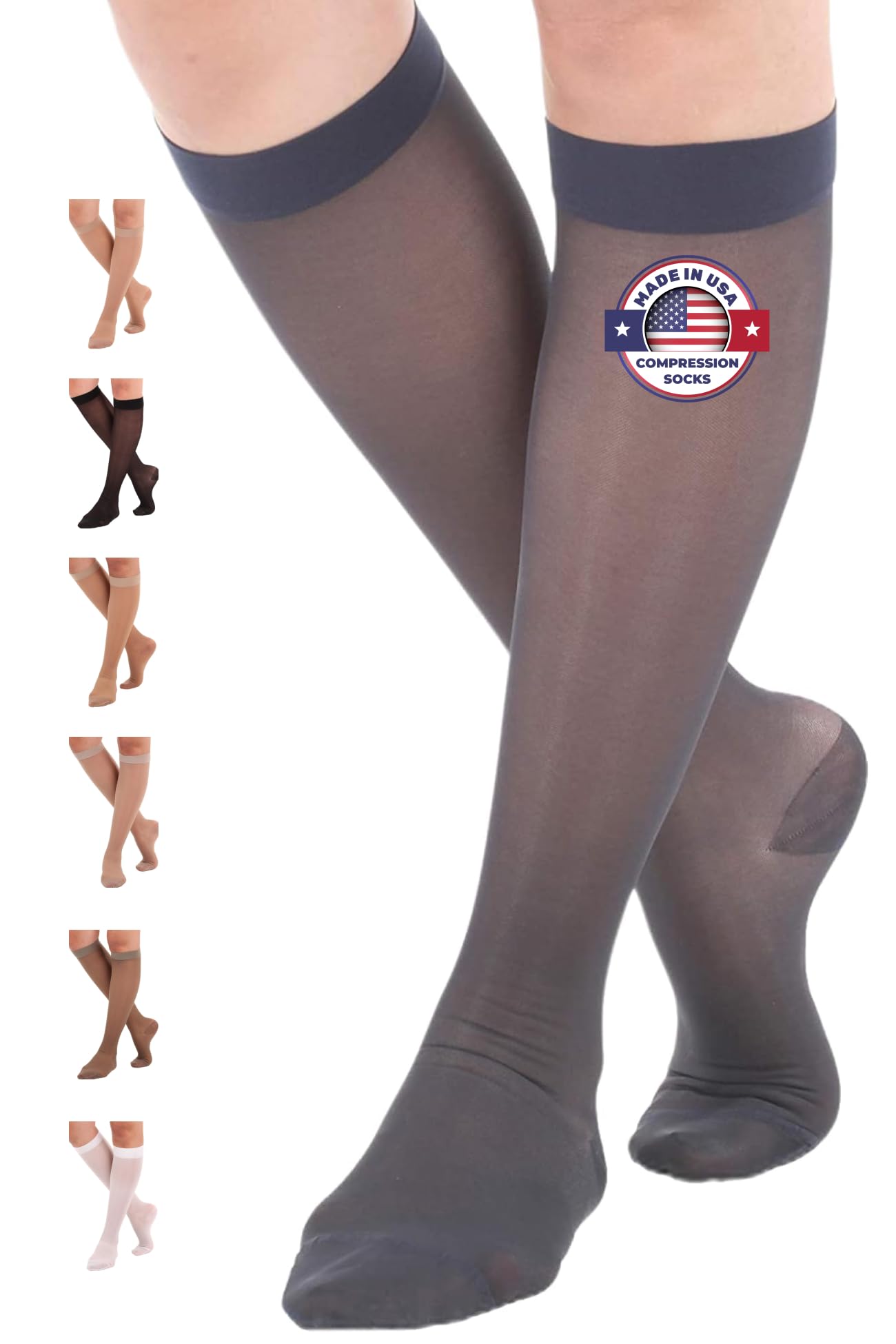 Made in USA - Women's 15-20mmHg Sheer Compression Socks - A101
