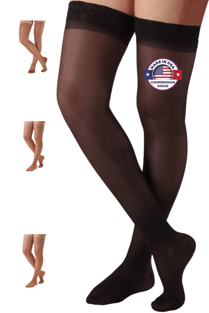 Made in USA - 15-20mmHg Sheer Compression Stockings for Women - A102