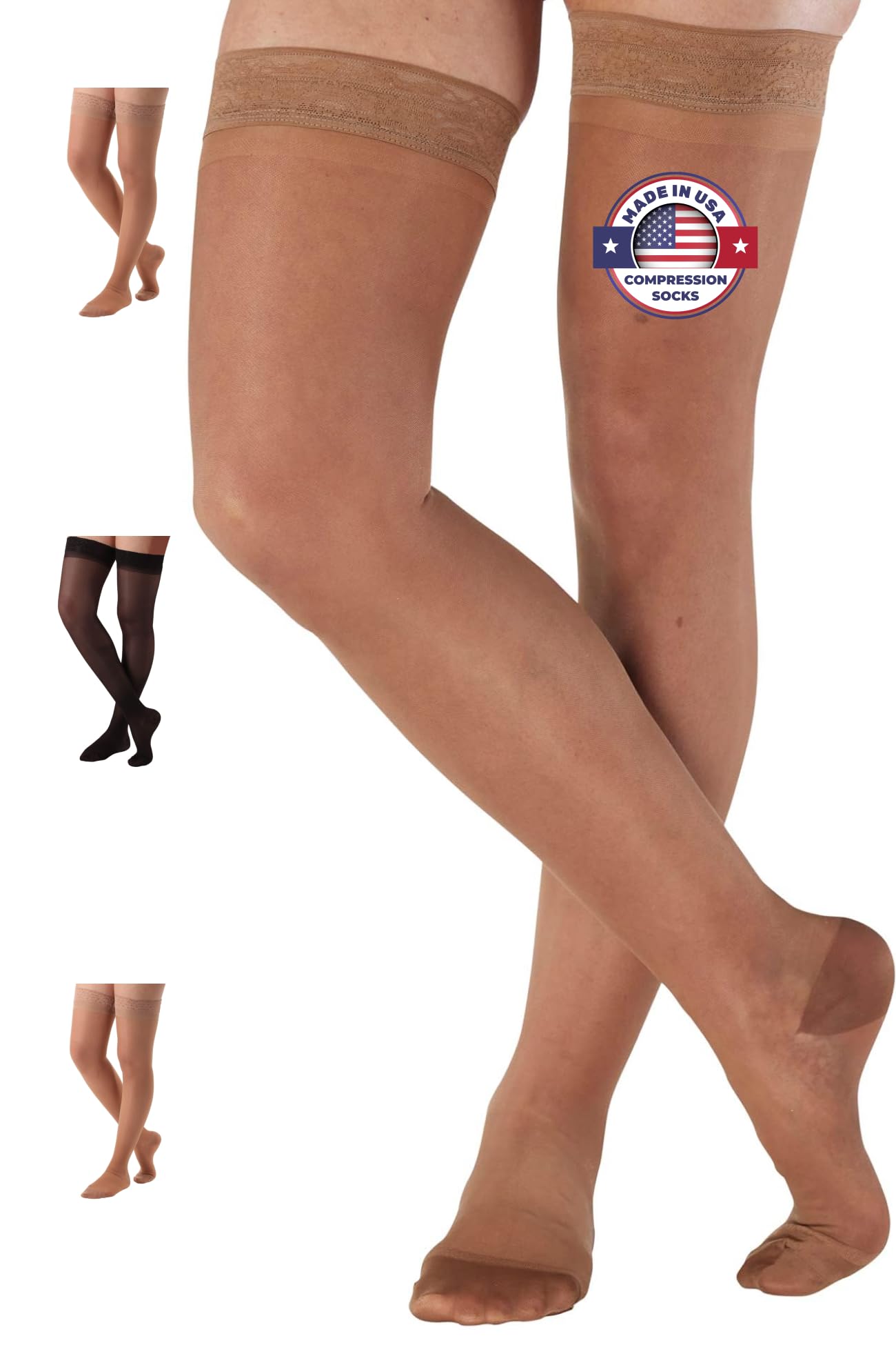 Made in USA - 15-20mmHg Sheer Compression Stockings for Women - A102
