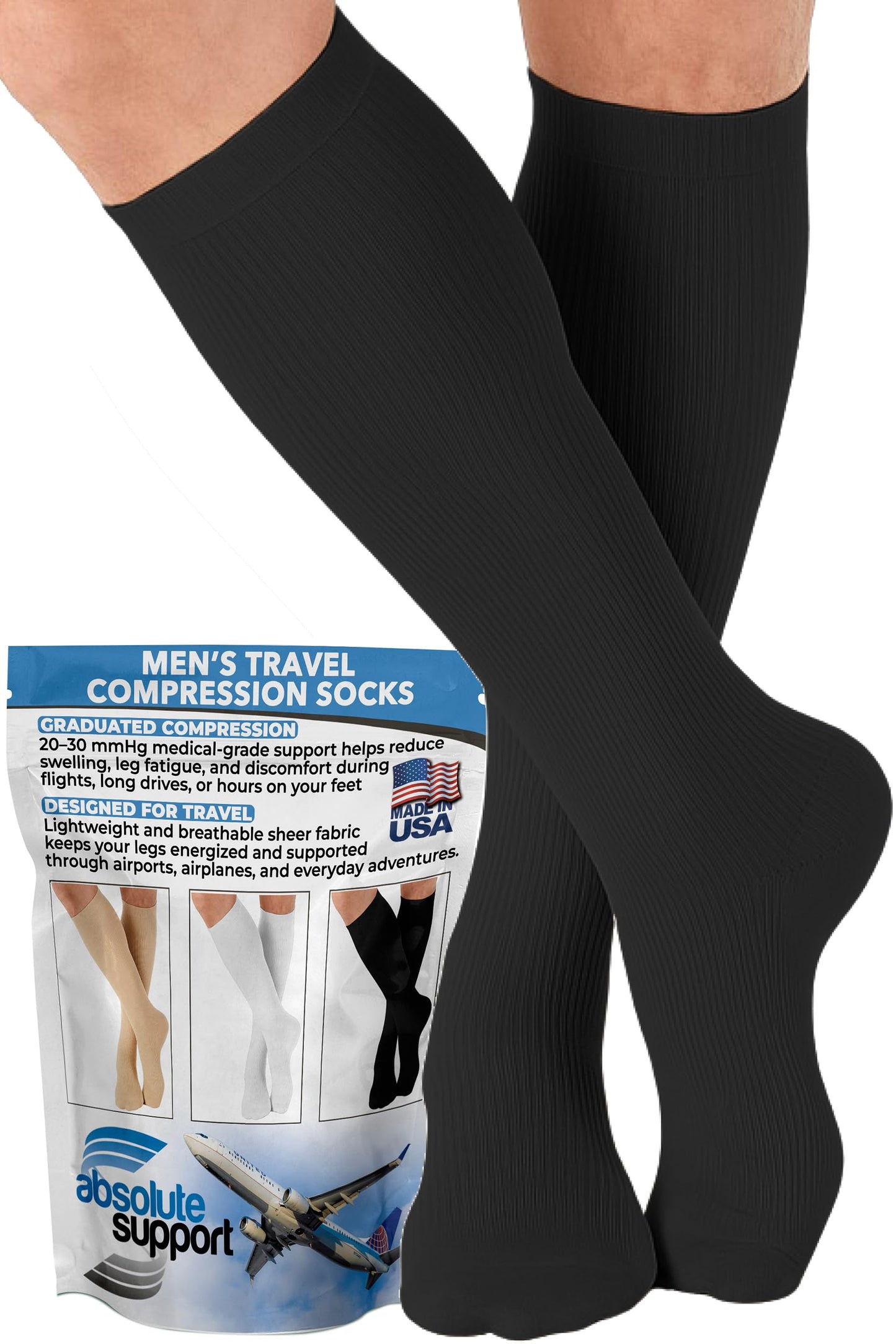 Absolute Support Men’s 20–30mmHg Graduated Compression Socks, Knee High – Medical Support for Travel, Varicose Veins & Swelling, A104T