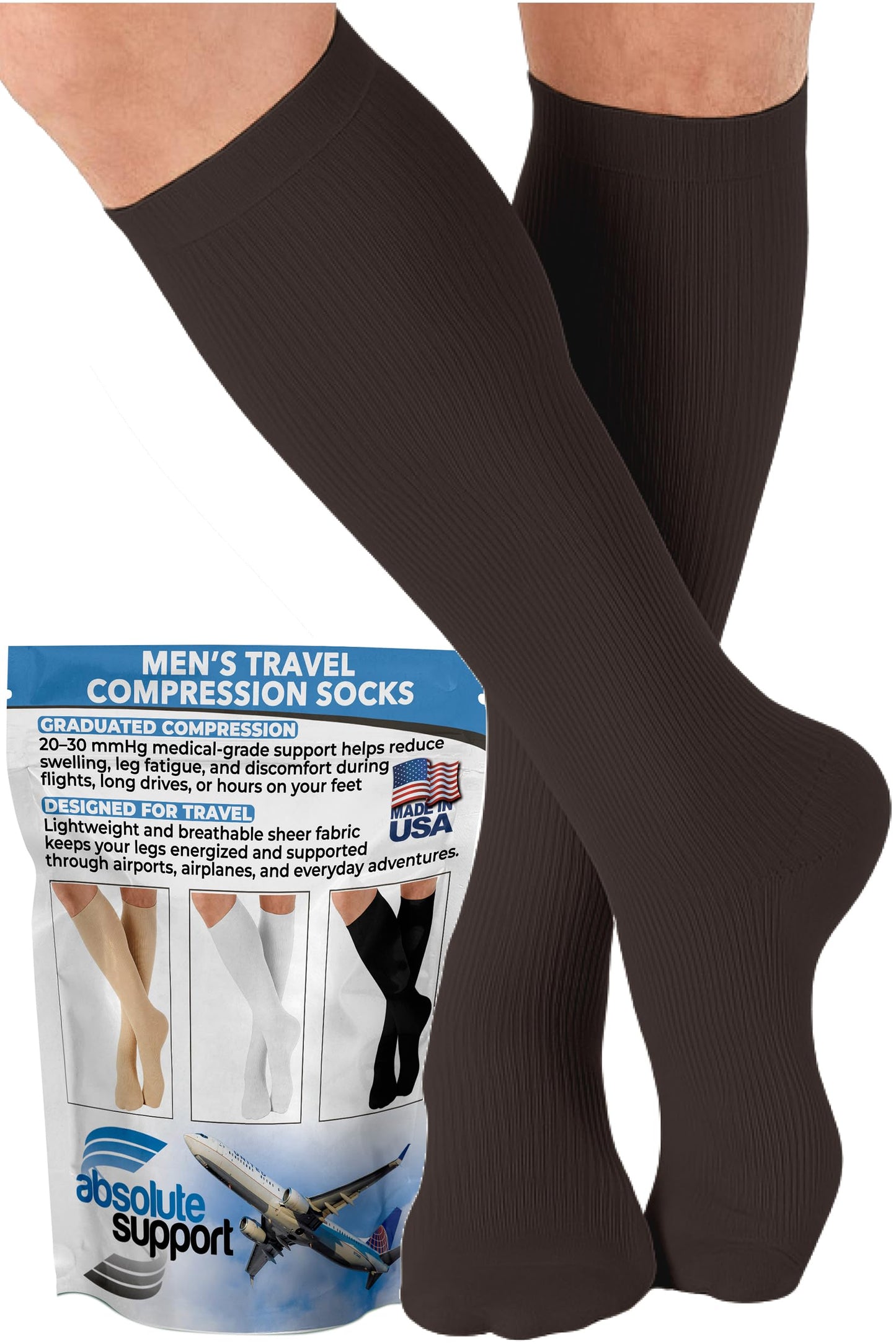 Absolute Support Men’s 20–30mmHg Graduated Compression Socks, Knee High – Medical Support for Travel, Varicose Veins & Swelling, A104T