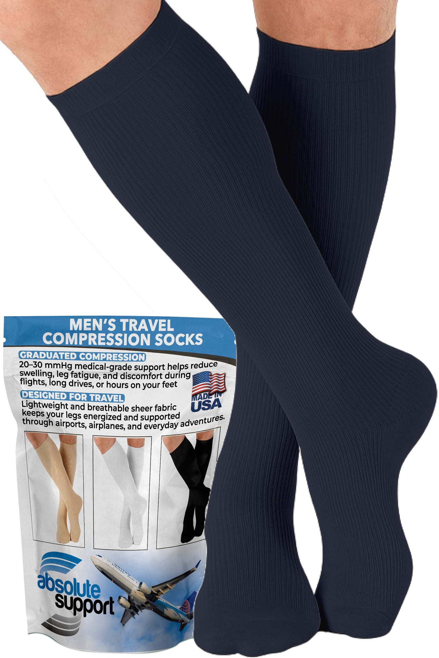 Absolute Support Men’s 20–30mmHg Graduated Compression Socks, Knee High – Medical Support for Travel, Varicose Veins & Swelling, A104T
