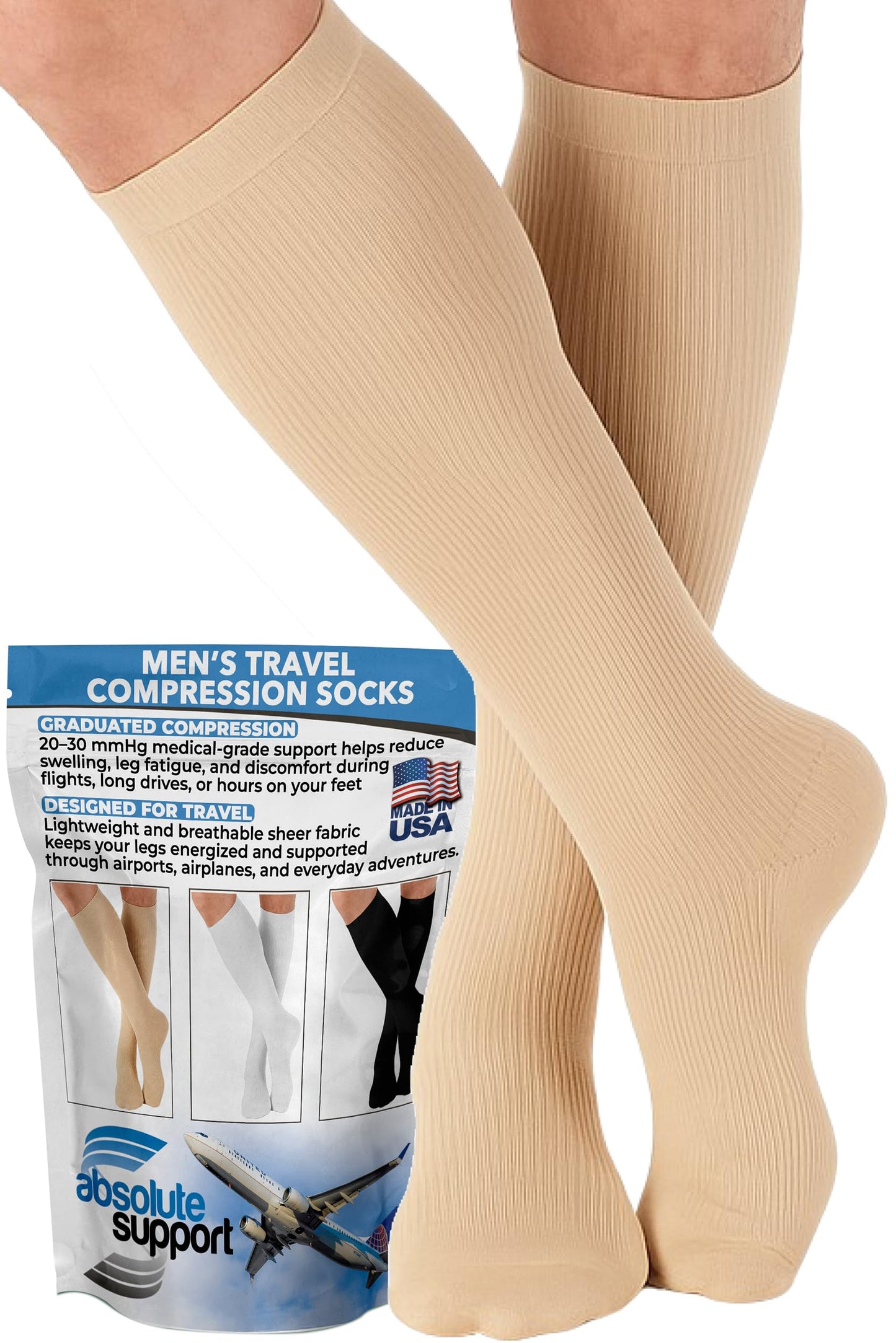 Absolute Support Men’s 20–30mmHg Graduated Compression Socks, Knee High – Medical Support for Travel, Varicose Veins & Swelling, A104T