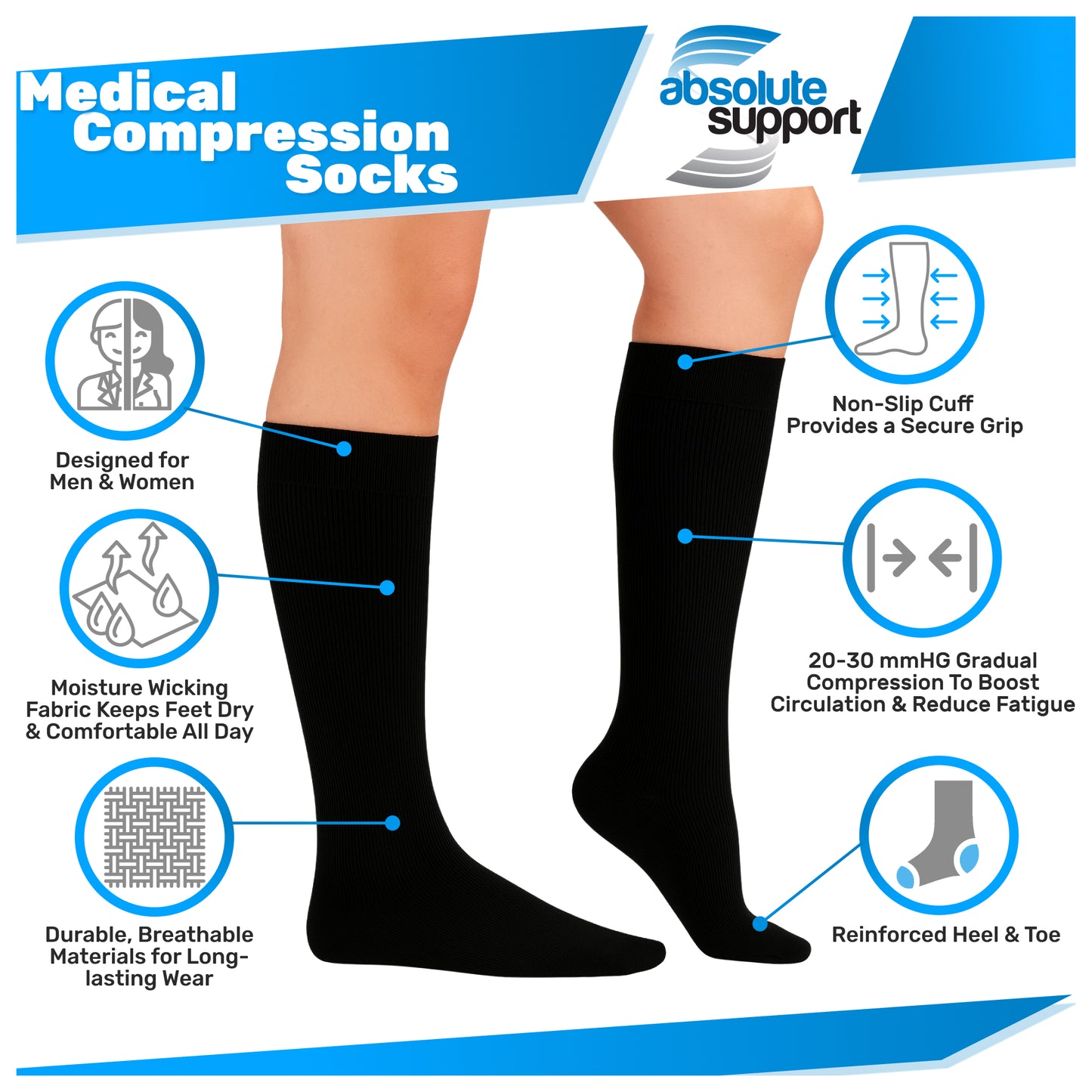 Absolute Support Unisex Cotton 20–30mmHg Graduated Compression Socks, Knee High, 3-Pack – Varicose Veins & Swelling Relief, A105-3