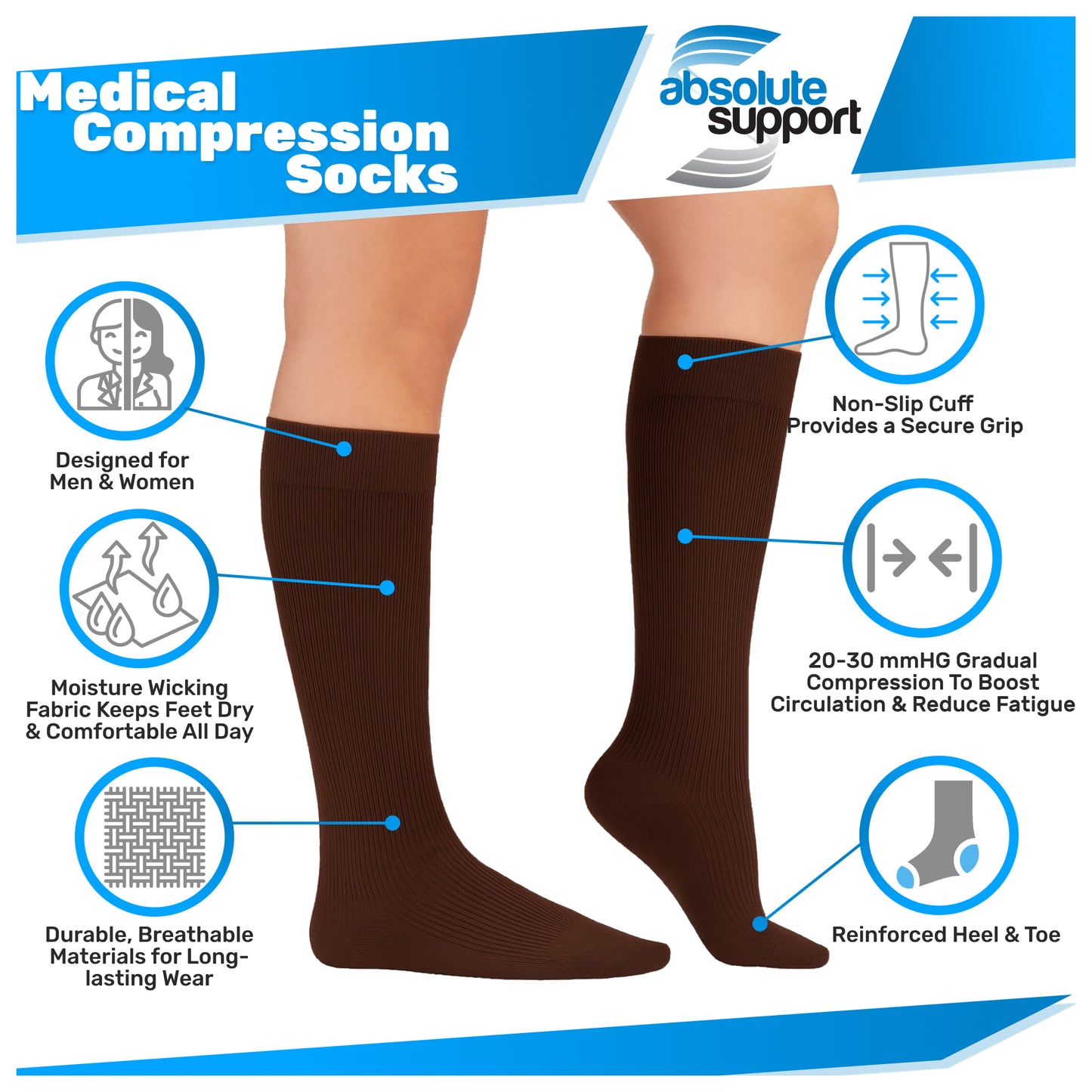 Absolute Support Unisex Cotton 20–30mmHg Graduated Compression Socks, Knee High, 3-Pack – Varicose Veins & Swelling Relief, A105-3
