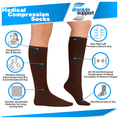 Absolute Support Unisex Cotton 20–30mmHg Graduated Compression Socks, Knee High, 3-Pack – Varicose Veins & Swelling Relief, A105-3