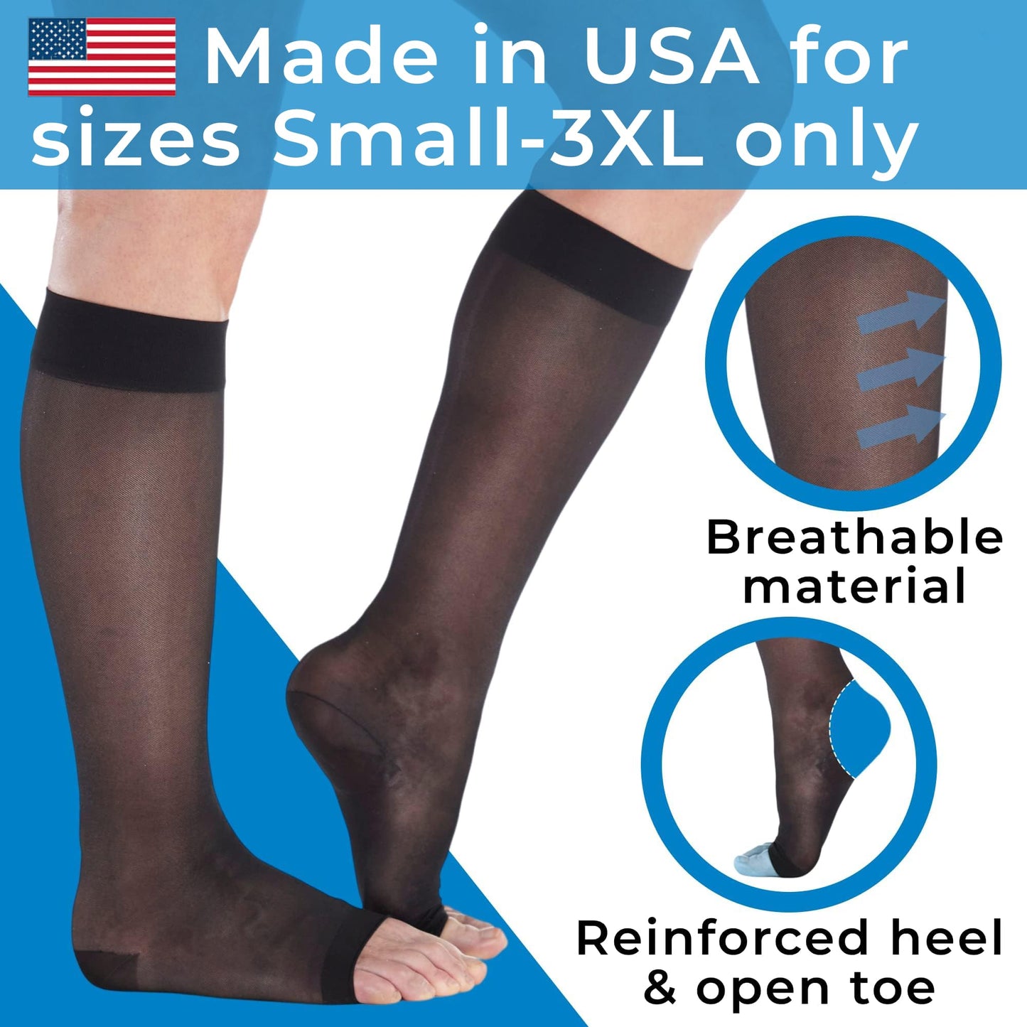 (3 Pairs) Made in USA - Open Toe Sheer Medical Compression Socks for Women 15-20mmHg, A111-3