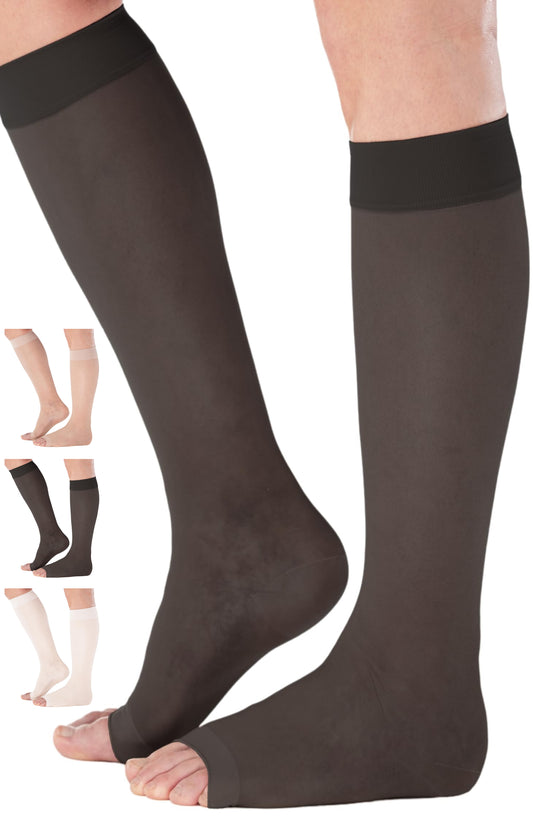 ABSOLUTE SUPPORT Open Toe Sheer Compression Socks 15-20mmHg for Women Travel, Flying - A111T