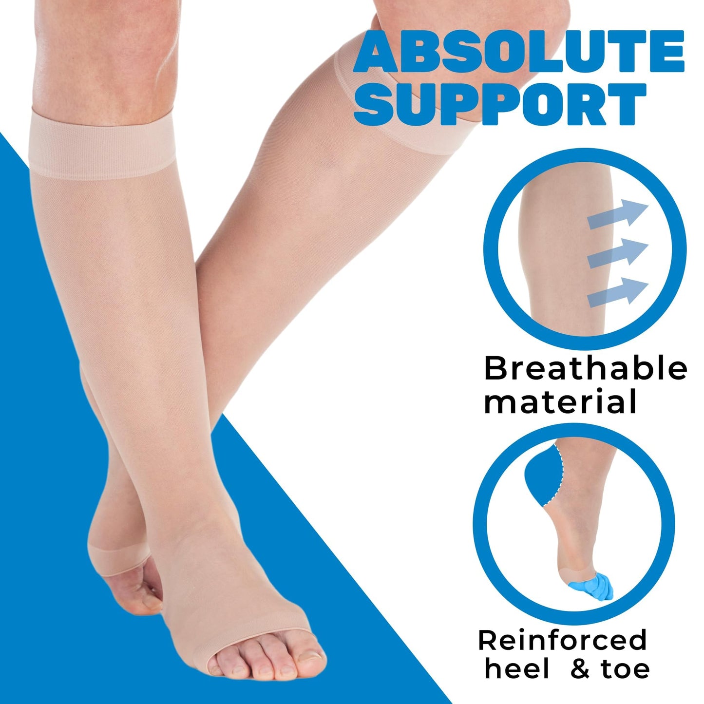 ABSOLUTE SUPPORT Open Toe Sheer Compression Socks 15-20mmHg for Women Travel, Flying - A111T