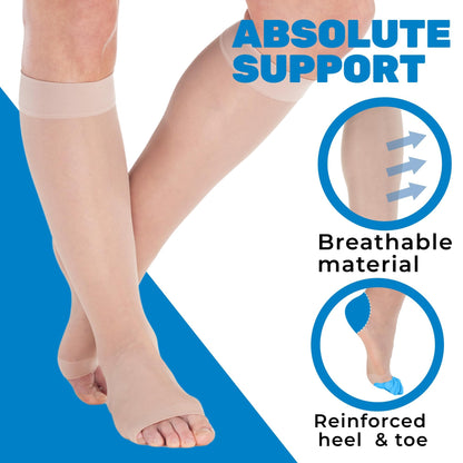 ABSOLUTE SUPPORT Open Toe Sheer Compression Socks 15-20mmHg for Women Travel, Flying - A111T