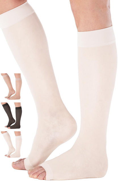 ABSOLUTE SUPPORT Open Toe Sheer Compression Socks 15-20mmHg for Women Travel, Flying - A111T