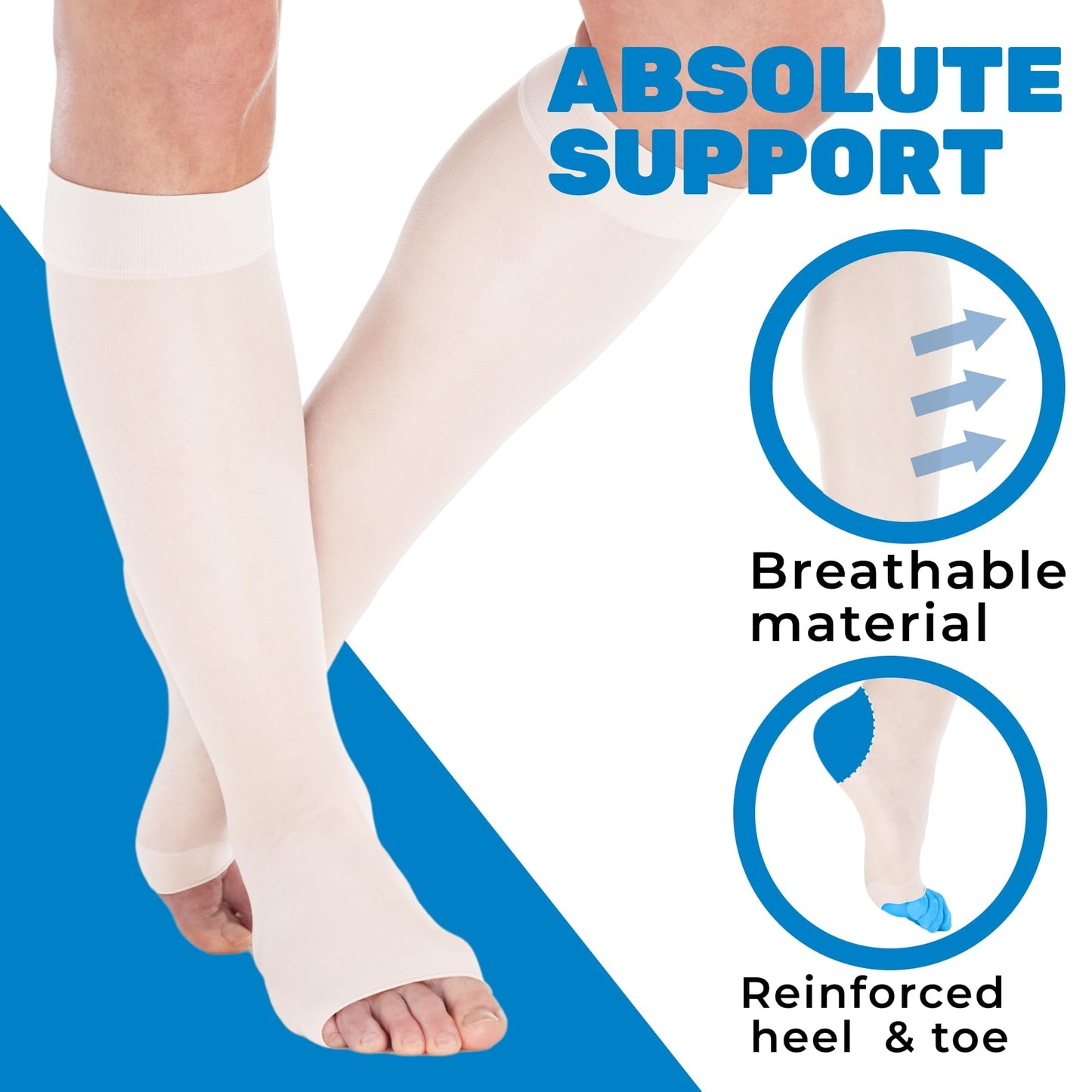 ABSOLUTE SUPPORT Open Toe Sheer Compression Socks 15-20mmHg for Women Travel, Flying - A111T