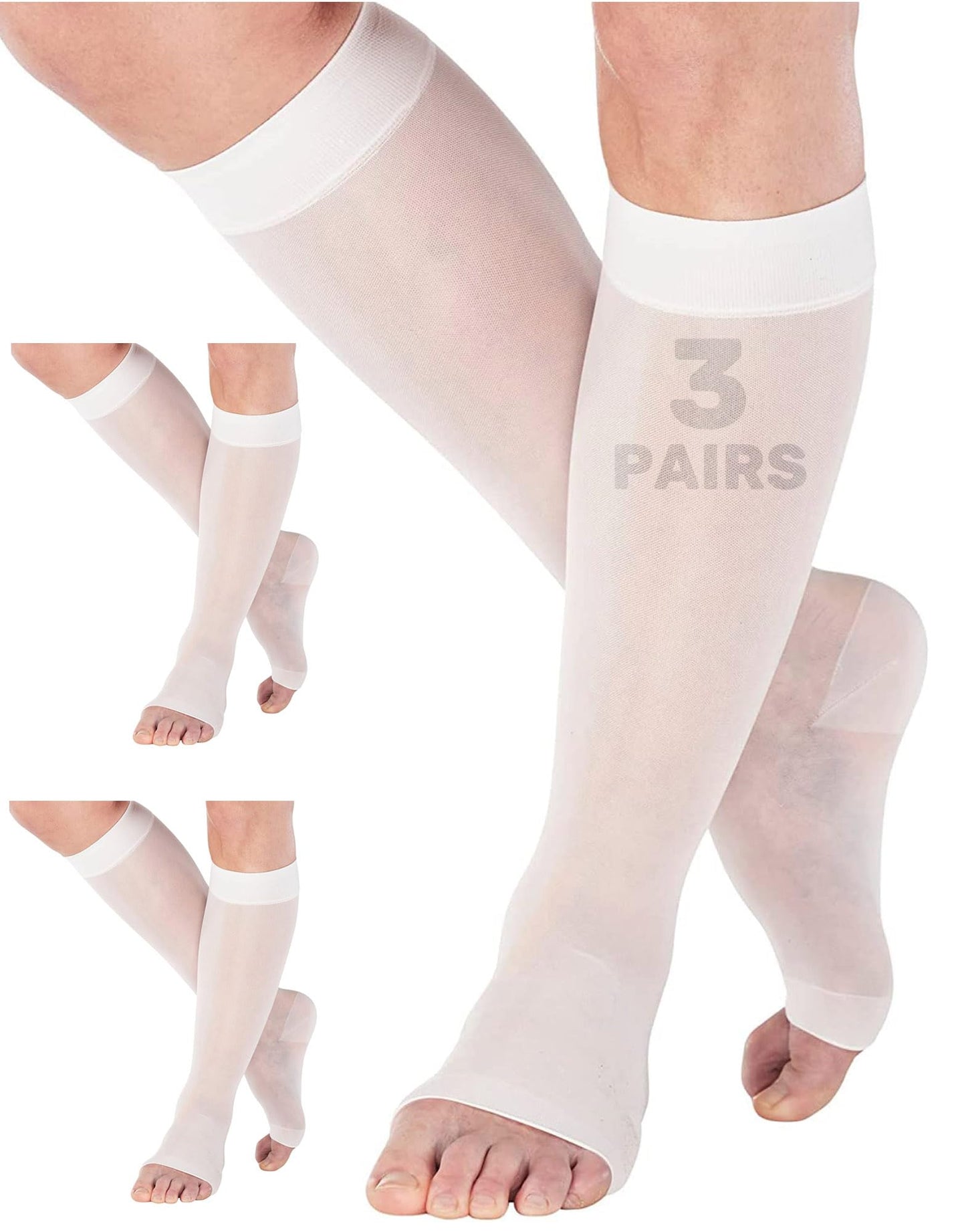 (3 Pairs) Made in USA - Open Toe Sheer Medical Compression Socks for Women 15-20mmHg, A111-3