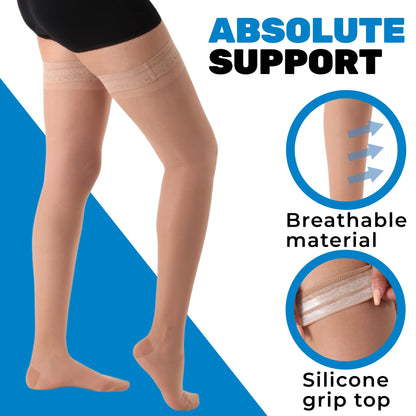 Sheer Lace Thigh High Compression Dress Stockings 20-30mmHg - Firm Support, Closed Toe, Stylish Relief for Swelling, Made in USA, A206
