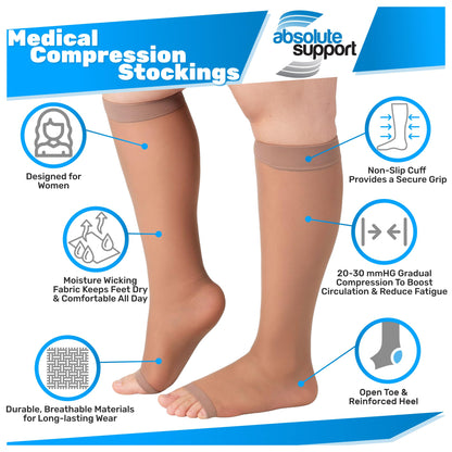 Absolute Support Women’s Sheer Open Toe 20–30mmHg Graduated Compression Socks, Knee High, 3-Pack – Medical Support, Circulation, A215-3