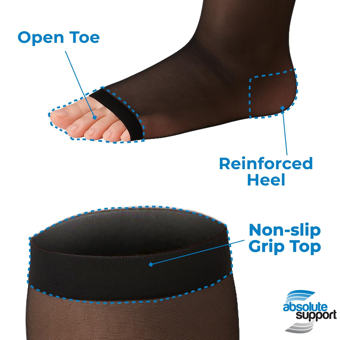 Absolute Support Women’s Sheer Open Toe 20–30mmHg Graduated Compression Socks, Knee High, 3-Pack – Medical Support, Circulation, A215-3