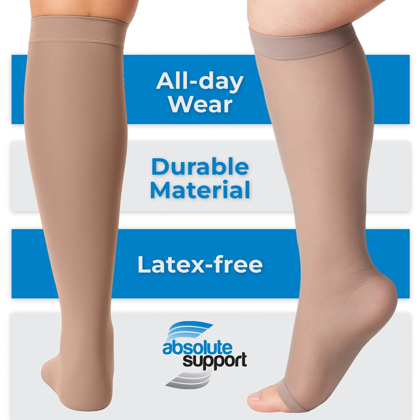 Absolute Support Women’s Sheer Open Toe 20–30mmHg Graduated Compression Socks, Knee High, 3-Pack – Medical Support, Circulation, A215-3