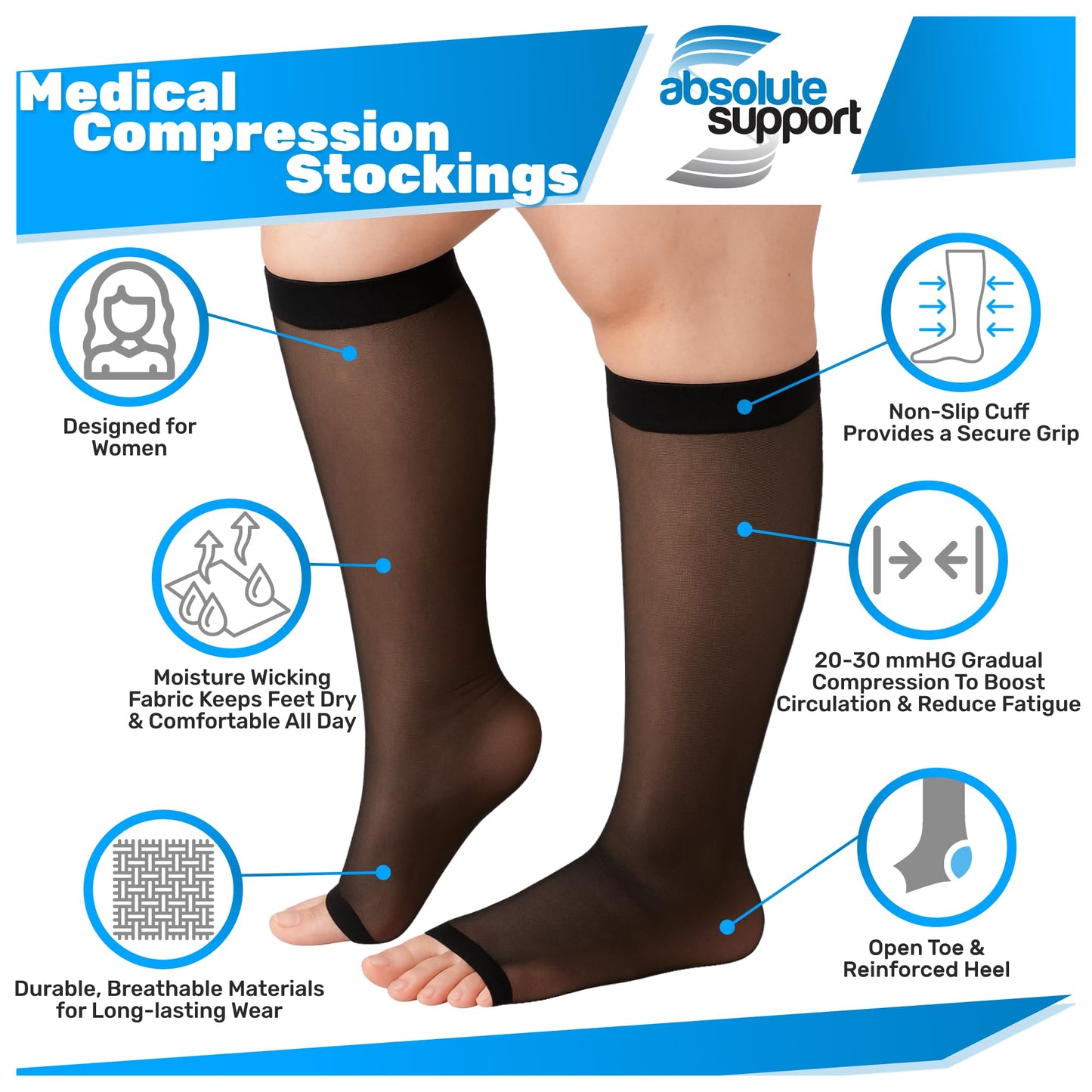 Absolute Support Women’s Graduated 20–30mmHg Compression Socks, Knee High Open Toe – Travel, Varicose Veins & Swelling Relief, A215T
