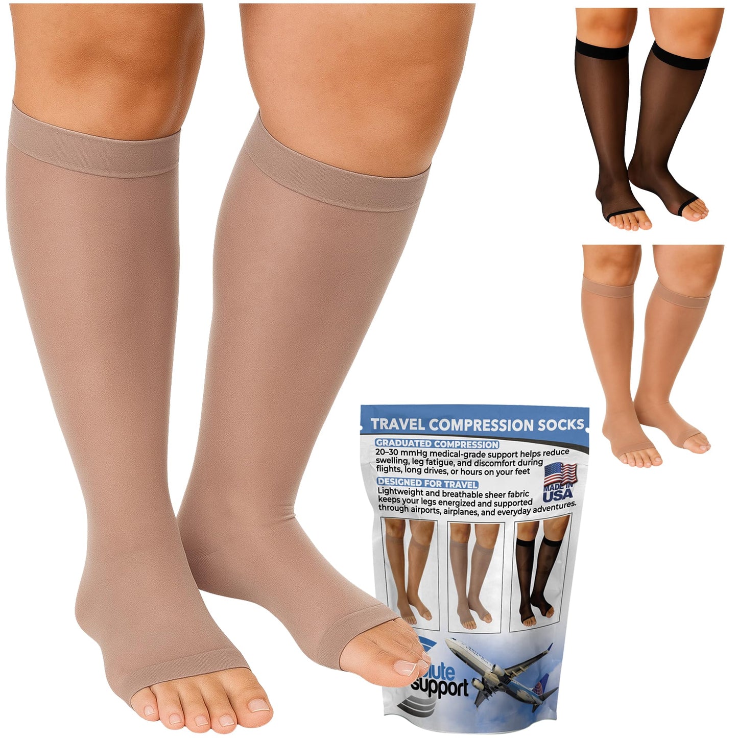 Absolute Support Women’s Graduated 20–30mmHg Compression Socks, Knee High Open Toe – Travel, Varicose Veins & Swelling Relief, A215T