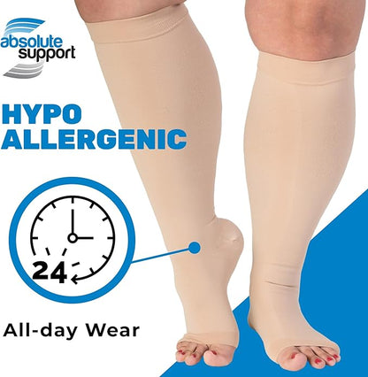 Absolute Support Open Toe 15–20mmHg Wide Calf Compression Socks, Knee High, 3-Pack – Circulation, Travel & Swelling Relief, A515-3