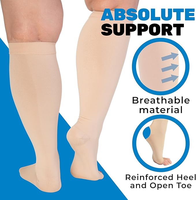 Absolute Support Open Toe 15–20mmHg Wide Calf Compression Socks, Knee High, 3-Pack – Circulation, Travel & Swelling Relief, A515-3