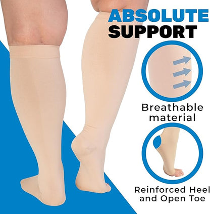 Absolute Support Open Toe 15–20mmHg Wide Calf Compression Socks, Knee High, 3-Pack – Circulation, Travel & Swelling Relief, A515-3