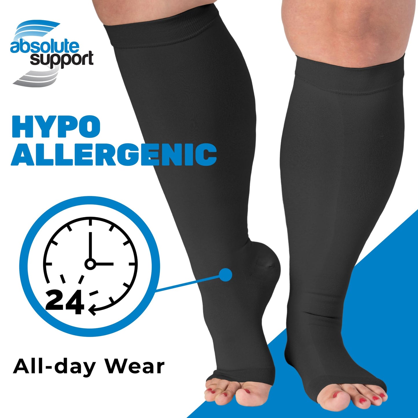 Absolute Support Open Toe 15–20mmHg Wide Calf Compression Socks, Knee High, 3-Pack – Circulation, Travel & Swelling Relief, A515-3