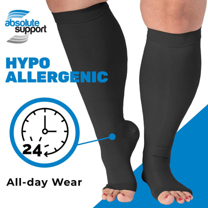Absolute Support Open Toe 15–20mmHg Wide Calf Compression Socks, Knee High, 3-Pack – Circulation, Travel & Swelling Relief, A515-3