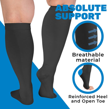 Absolute Support Open Toe 15–20mmHg Wide Calf Compression Socks, Knee High, 3-Pack – Circulation, Travel & Swelling Relief, A515-3