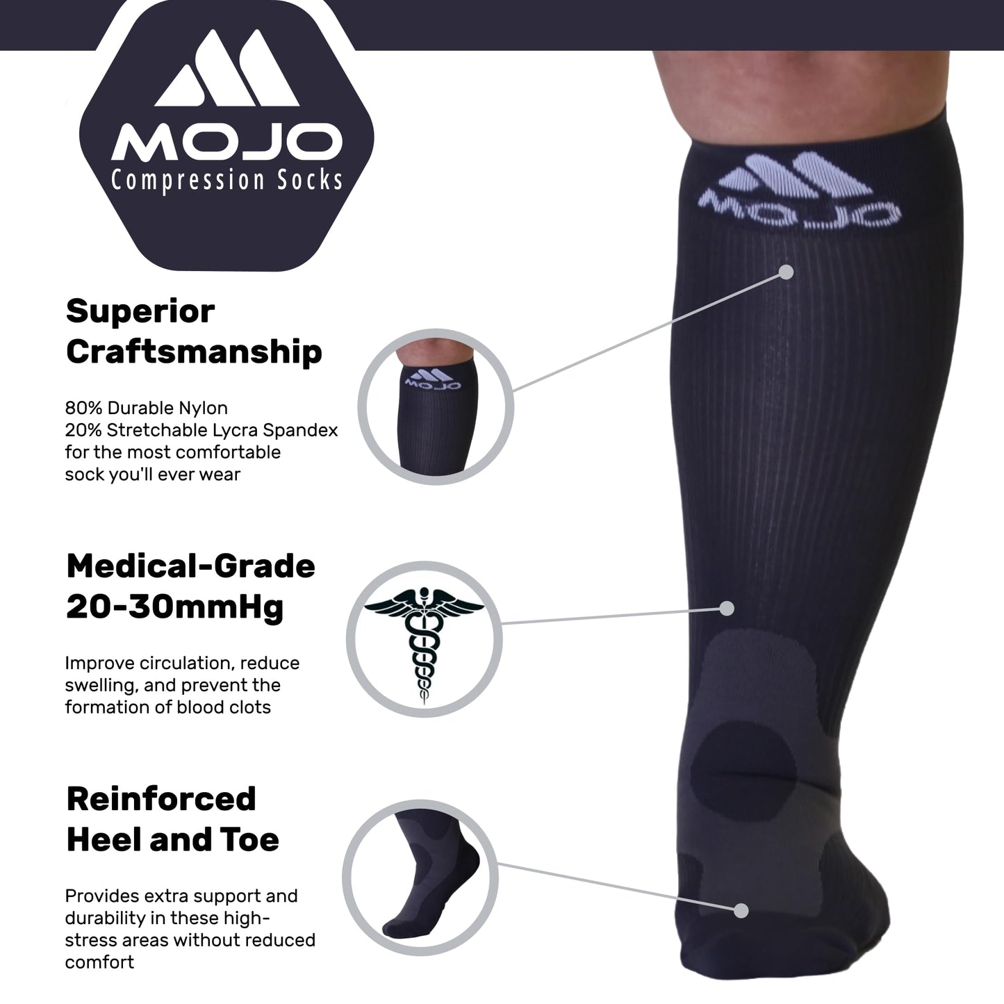 Mojo Compression Socks – Unisex Knee High Medical Compression Socks – 20-30mmHg Firm Support – A601-3