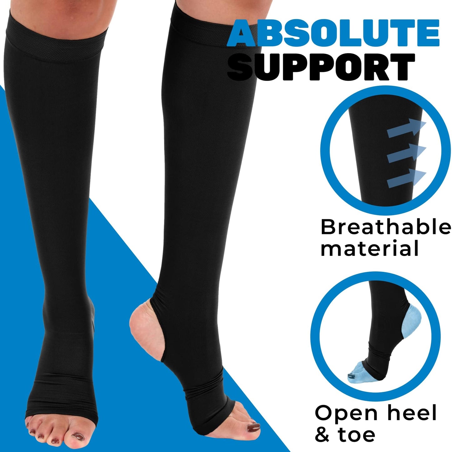Absolute Support Unisex 20–30mmHg Graduated Compression Socks, Open Toe & Open Heel, Knee High – Varicose Veins & Swelling Relief, A911