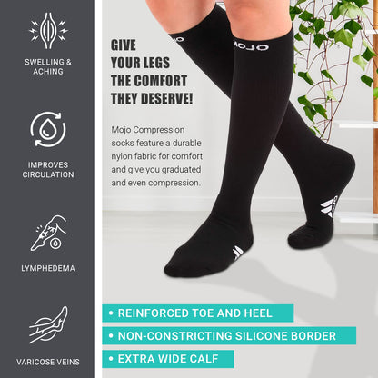 Mojo Compression Socks – Men's & Women's Extra Wide Calf Knee High Compression Stockings – 20-30mmHg Firm Support – M841